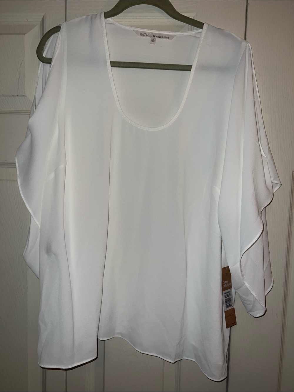 NWT RACHEL Rachel Roy White Scoop Neck Ruffle OPen Shoulder Sleeve Top 1x 2x